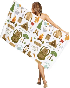 Microfiber Beach Towel Fast Drying, Adventure Large 63"x31" Sand Free Beach Towel Absorbent Towels for Swimming Pool Camping Picnic, Camping Equipment Sleeping Bag Boots Campfire Shovel Hatchet