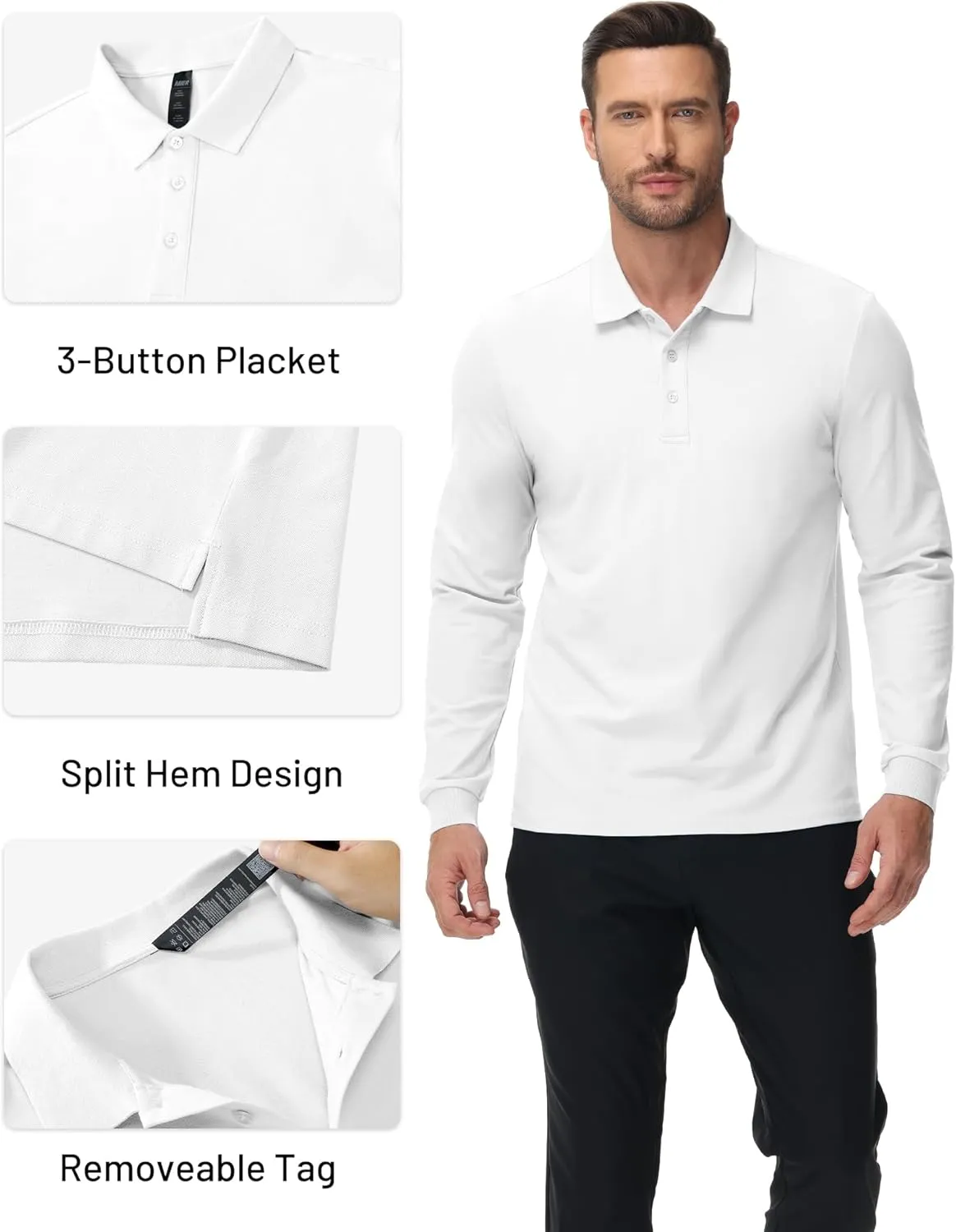 MIER Polo Shirts for Men Cotton Long Sleeve Golf Tennis Collared Shirt for Casual Work Travel, 3 Buttons, Ultra Soft