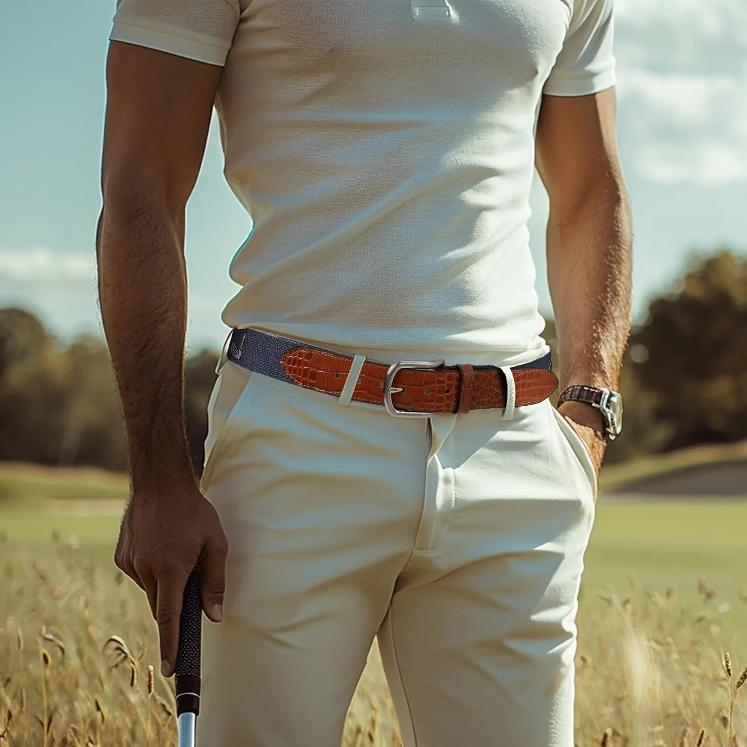 Mile High Life Golf Belts for Men, Canvas Belt with Genuine Leather Tips, Embroidered 2 Layer Web Belt with Pin Buckle
