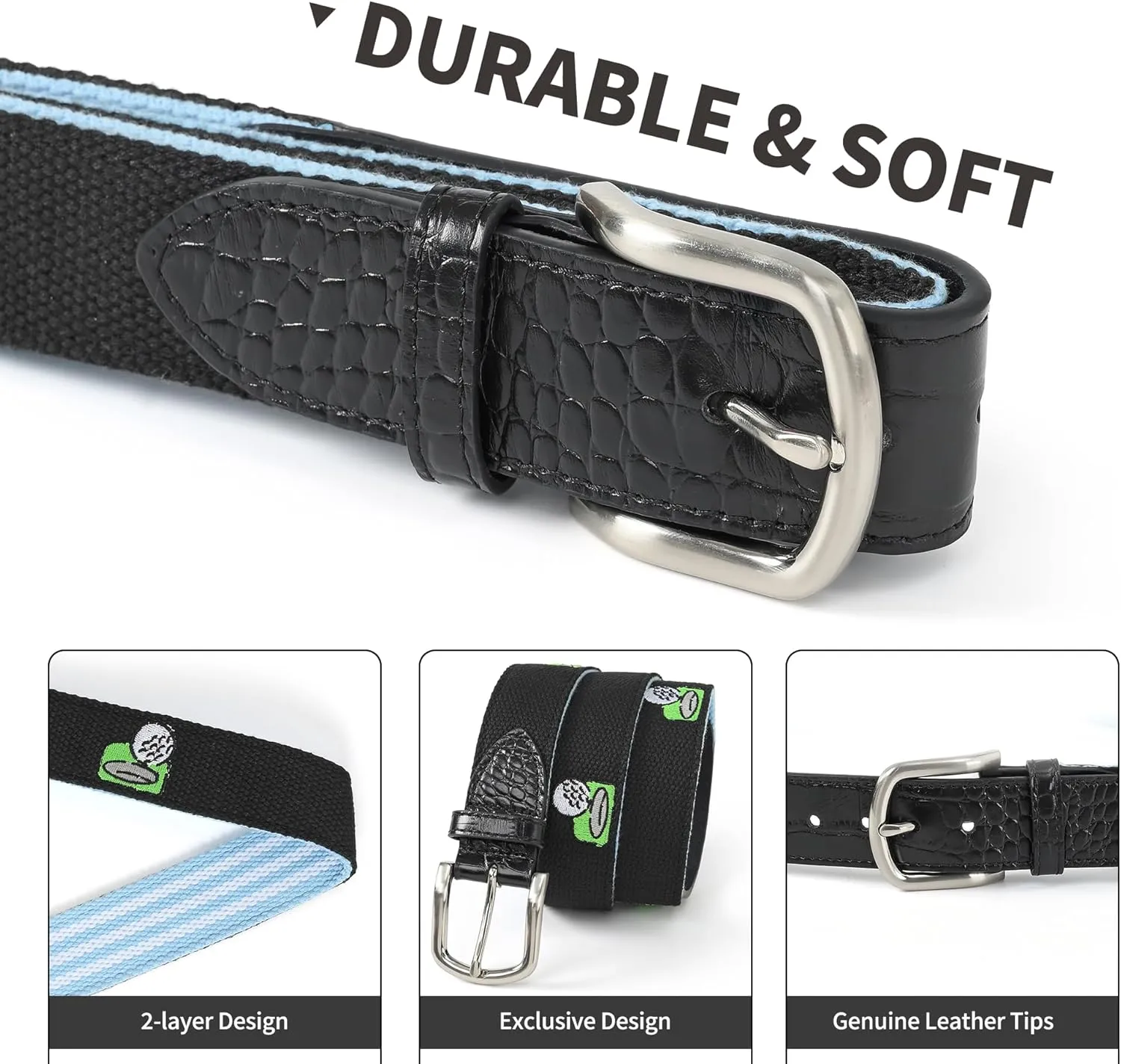 Mile High Life Golf Belts for Men, Canvas Belt with Genuine Leather Tips, Embroidered 2 Layer Web Belt with Pin Buckle