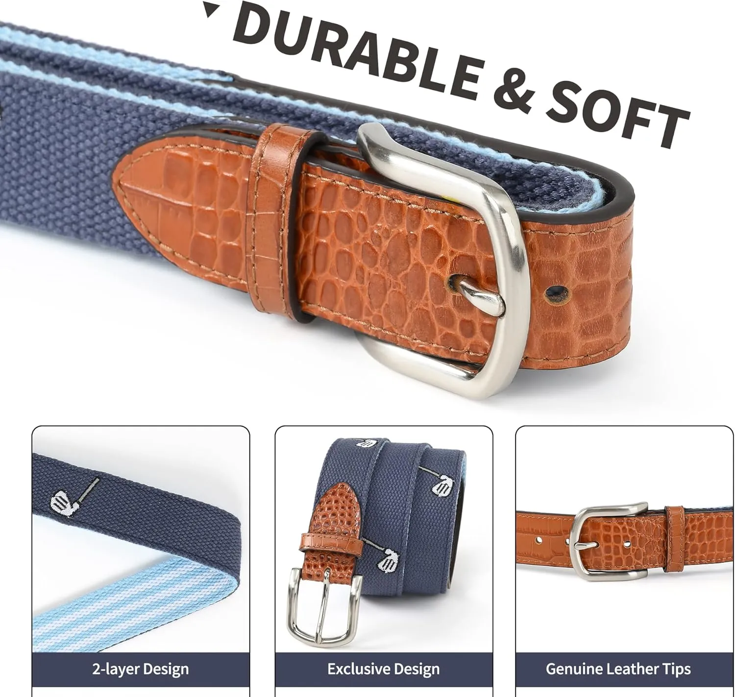 Mile High Life Golf Belts for Men, Canvas Belt with Genuine Leather Tips, Embroidered 2 Layer Web Belt with Pin Buckle
