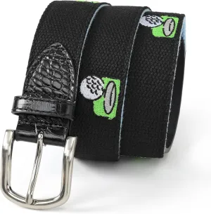 Mile High Life Golf Belts for Men, Canvas Belt with Genuine Leather Tips, Embroidered 2 Layer Web Belt with Pin Buckle