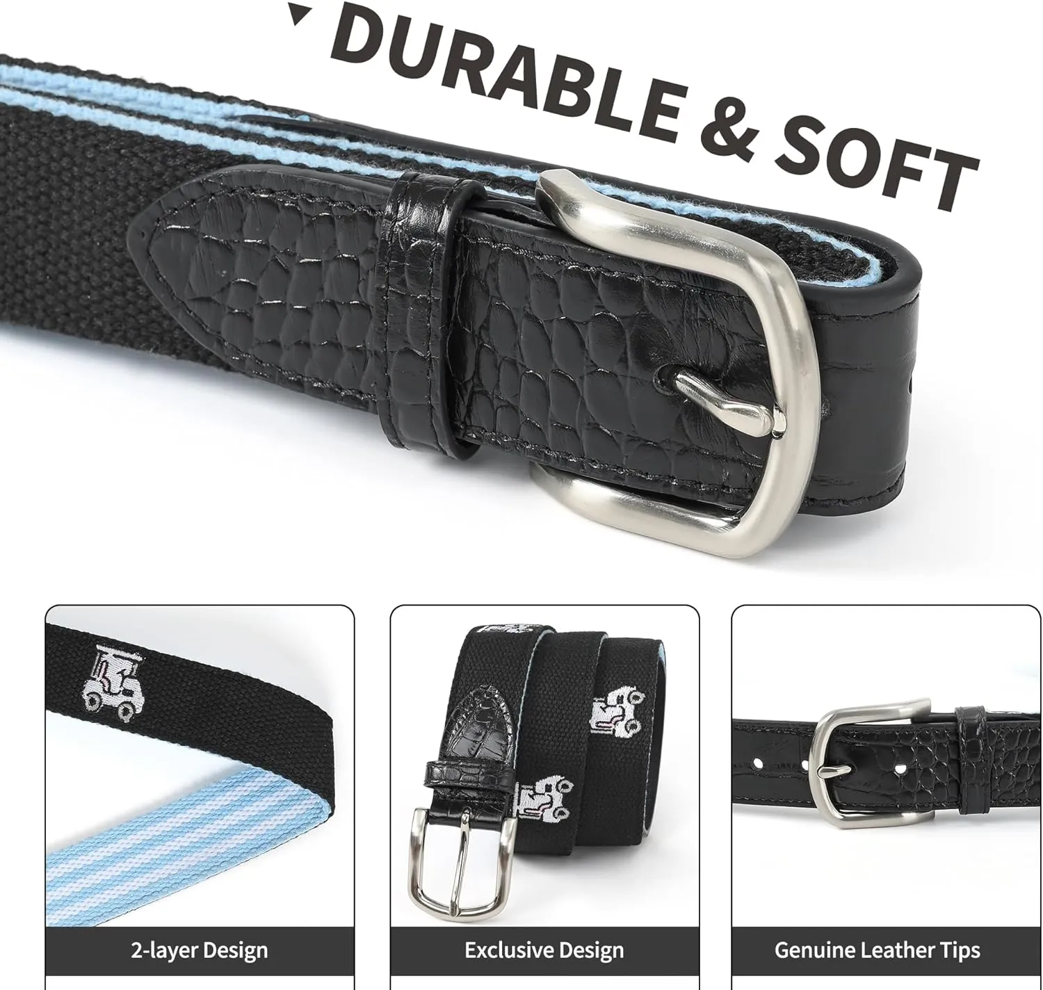 Mile High Life Golf Belts for Men, Canvas Belt with Genuine Leather Tips, Embroidered 2 Layer Web Belt with Pin Buckle