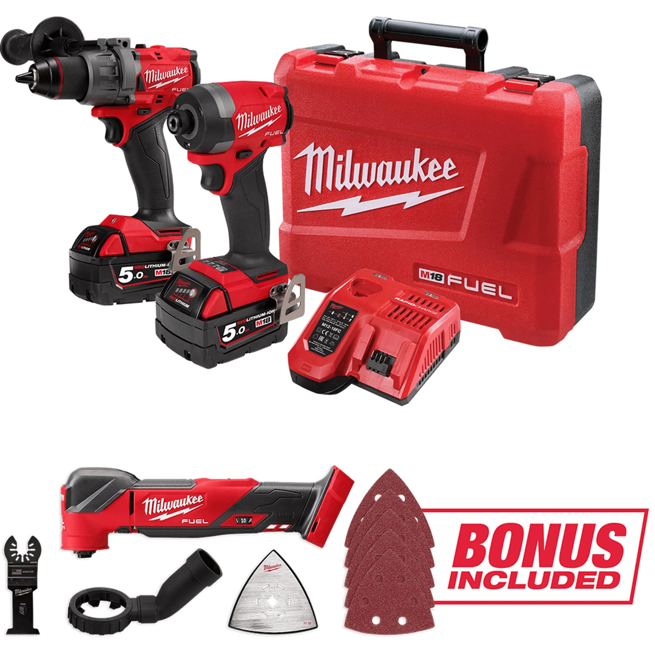 Milwaukee 2Pce 18V 5.0Ah FUEL™ Hammer Drill   Impact Driver Kit   BONUS Multitool M18FPP2AA3B502C