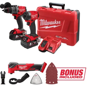 Milwaukee 2Pce 18V 5.0Ah FUEL™ Hammer Drill   Impact Driver Kit   BONUS Multitool M18FPP2AA3B502C