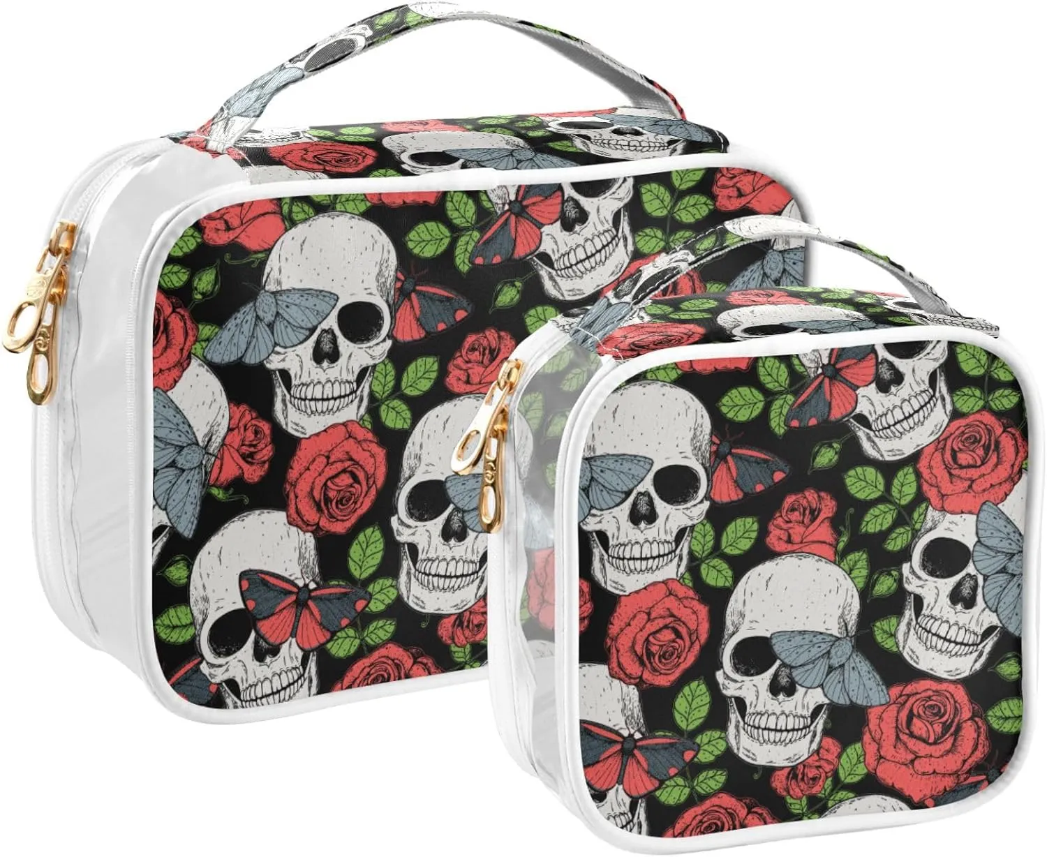 MNSRUU Clear Makeup Bags Skull Butterfly and Roses Toiletry Bag for Women 2 PCS Waterproof Clear Bags Clear Travel Toiletry Bag Small Cosmetic Makeup Bag, Carry on Airport Airline Compliant Bag