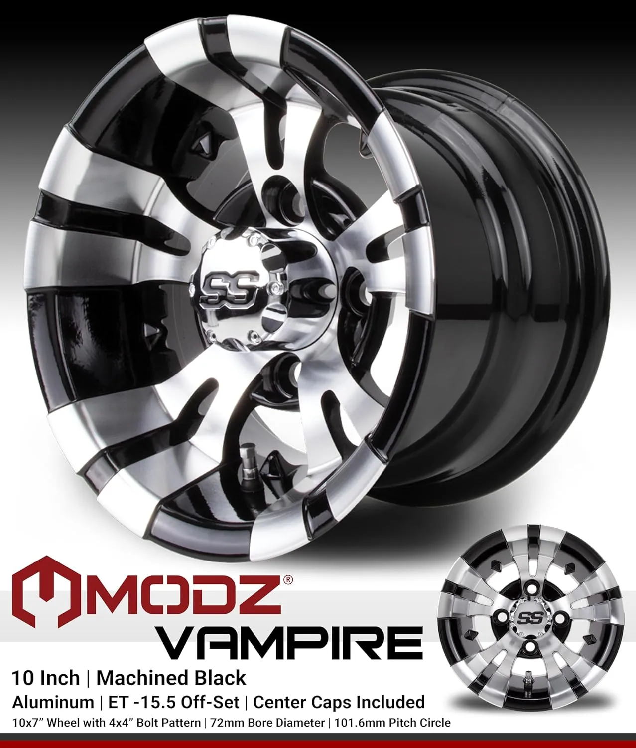 MODZ® Vampire Machined Black 10" Golf Cart Wheels and Arisun Cruze (205/50-10) DOT Low Profile Golf Cart Tires Combo - Set of 4
