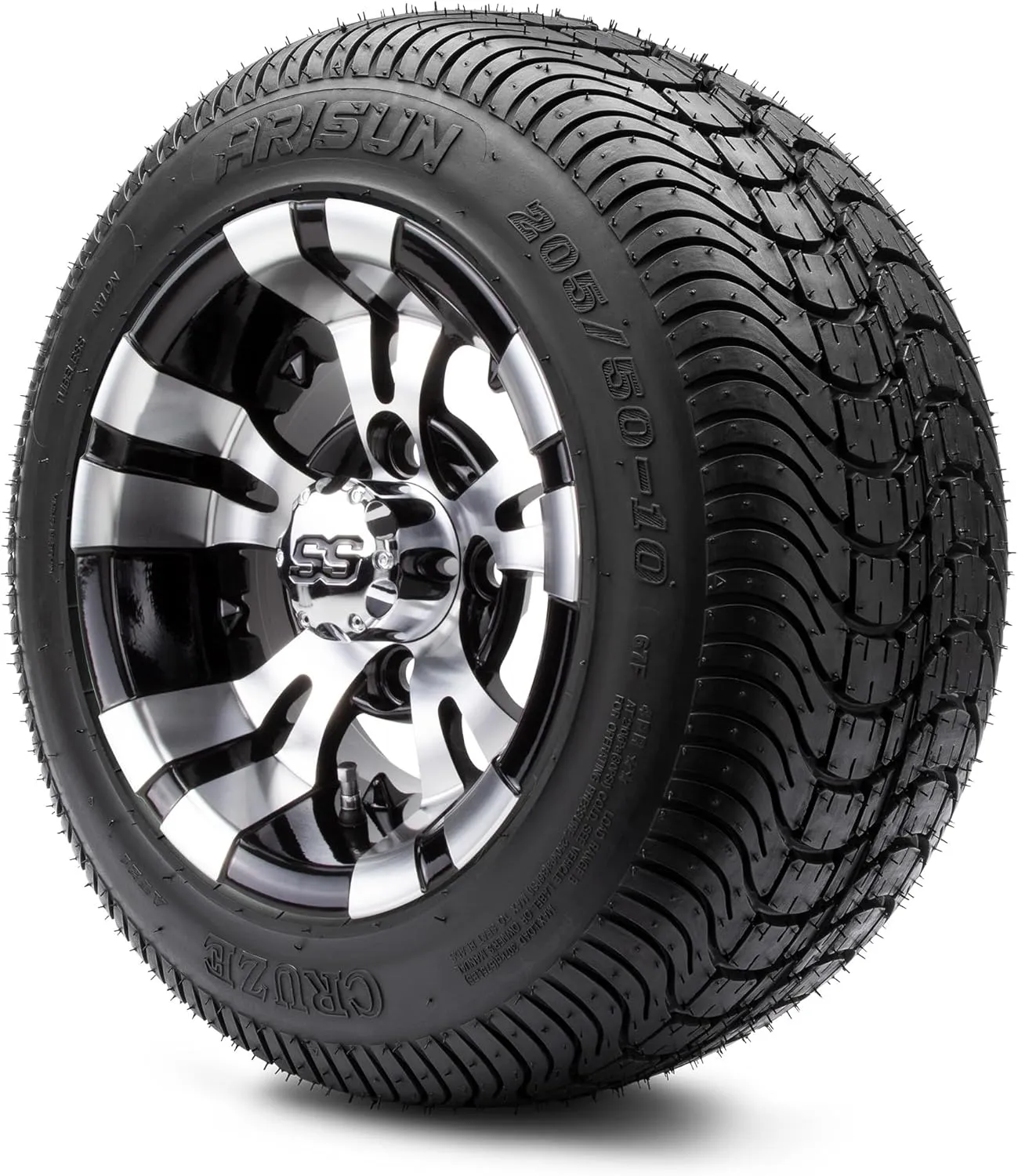 MODZ® Vampire Machined Black 10" Golf Cart Wheels and Arisun Cruze (205/50-10) DOT Low Profile Golf Cart Tires Combo - Set of 4