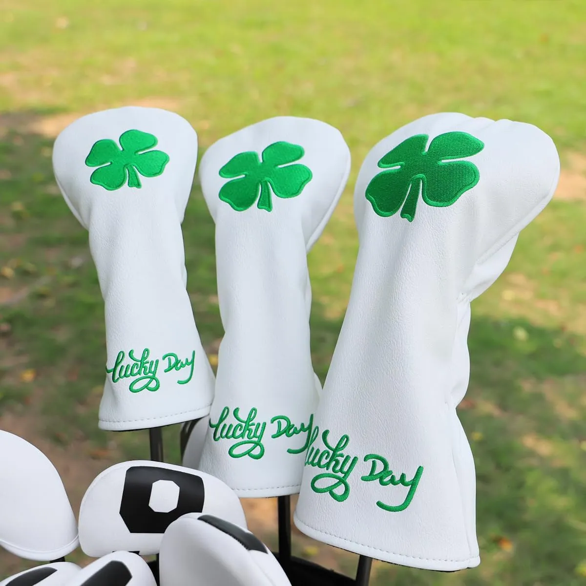 Montela Golf Club Covers Lucky Clover Golf Driver Covers Fairway Wood Head Cover Hybrid Headcover Leather 3 Wood Headcovers Golf Head Covers for Scotty Cameron Taylormade Titleist Odyssey