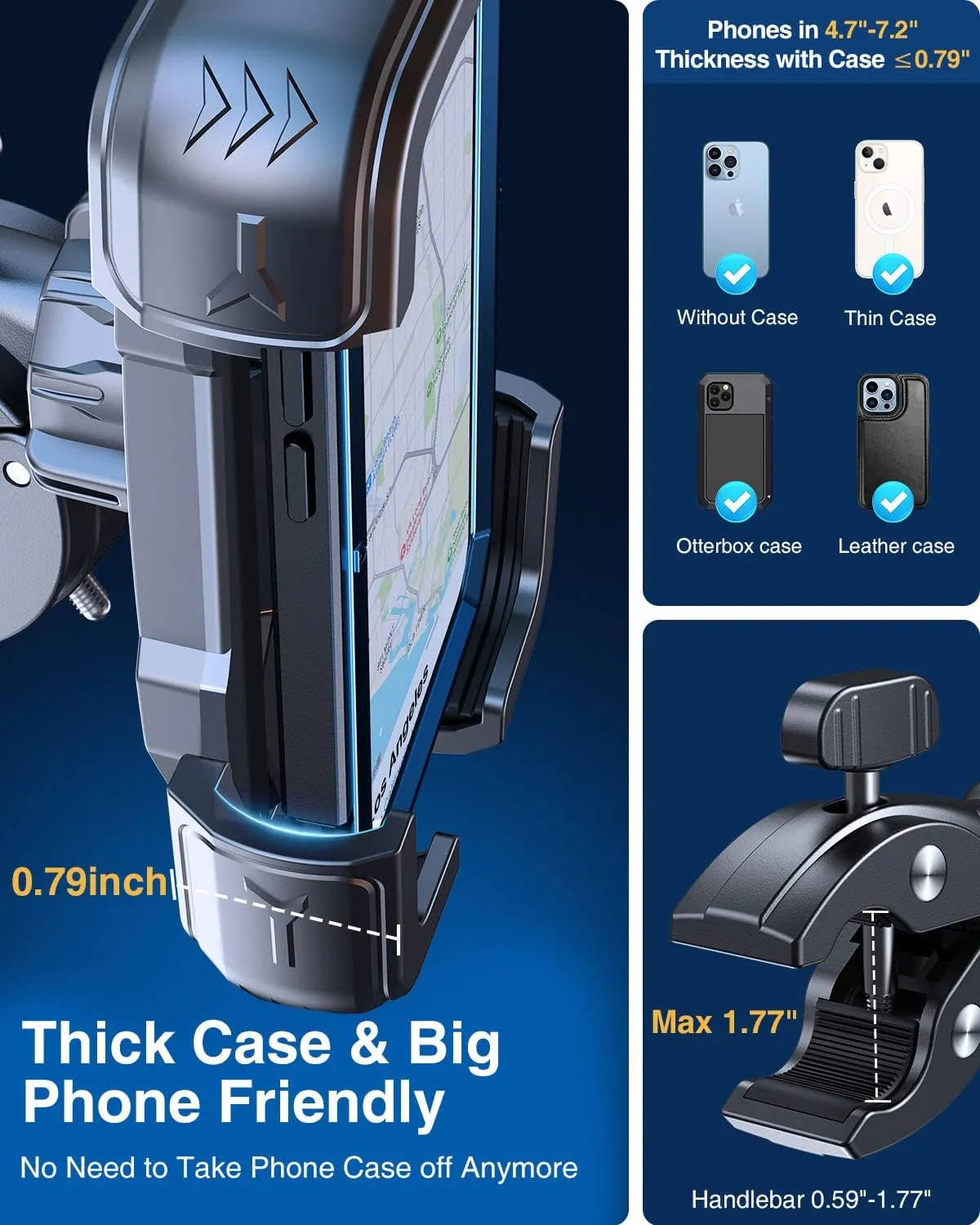 Motorcycle Phone Mount Holder, [150mph Wind Anti-Shake][7.2inch Big Phone Friendly] Bike Phone Holder, Motorcycle Handlebar Cell Phone Clamp, Compatible with iPhone 16 Pro Max, Black