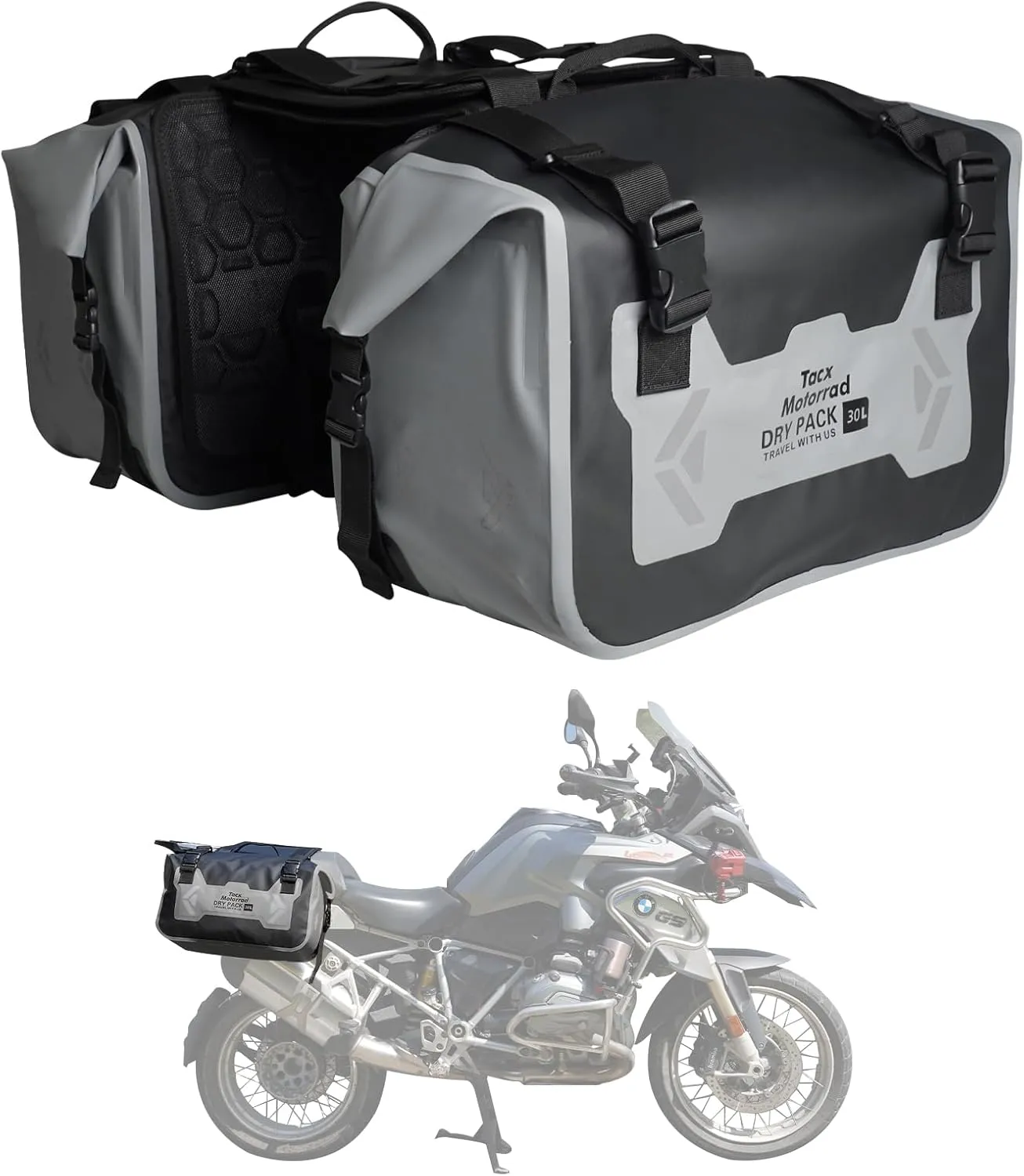 Motorcycle Saddle Bags Tail Bag, 30L Roll-top Waterproof Motor Detachable Side Trunk Bag, Motor Panniers Luggage Bag for Bike Motorcy