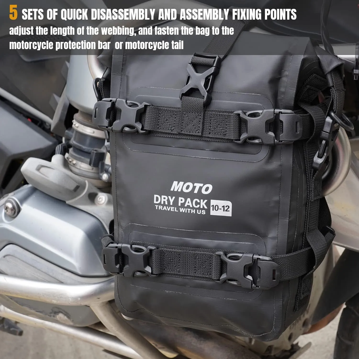 Motorcycle Tail Bag Front Bumper Bag, 12L Roll-top Waterproof Motor Saddle Panniers Luggage Bags for Bike Motorcy-Black(12L)