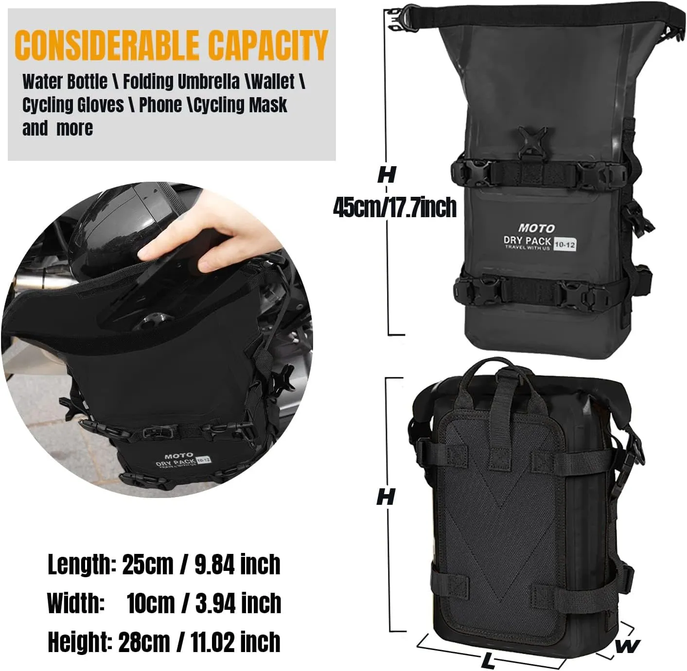 Motorcycle Tail Bag Front Bumper Bag, 12L Roll-top Waterproof Motor Saddle Panniers Luggage Bags for Bike Motorcy-Black(12L)