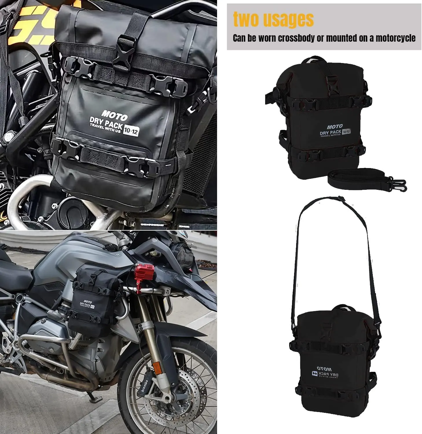 Motorcycle Tail Bag Front Bumper Bag, 12L Roll-top Waterproof Motor Saddle Panniers Luggage Bags for Bike Motorcy-Black(12L)