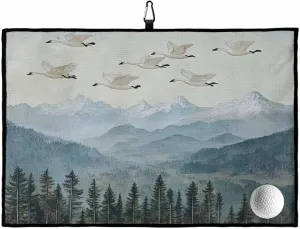 Mountains Vintage Forest Bird Golf Towels 24x16in, Absorbent Microfiber Waffle Pattern Golf Towel with Carabiner Clip Retro Watercolor Landscape Cleaning Cloth for Ball Club