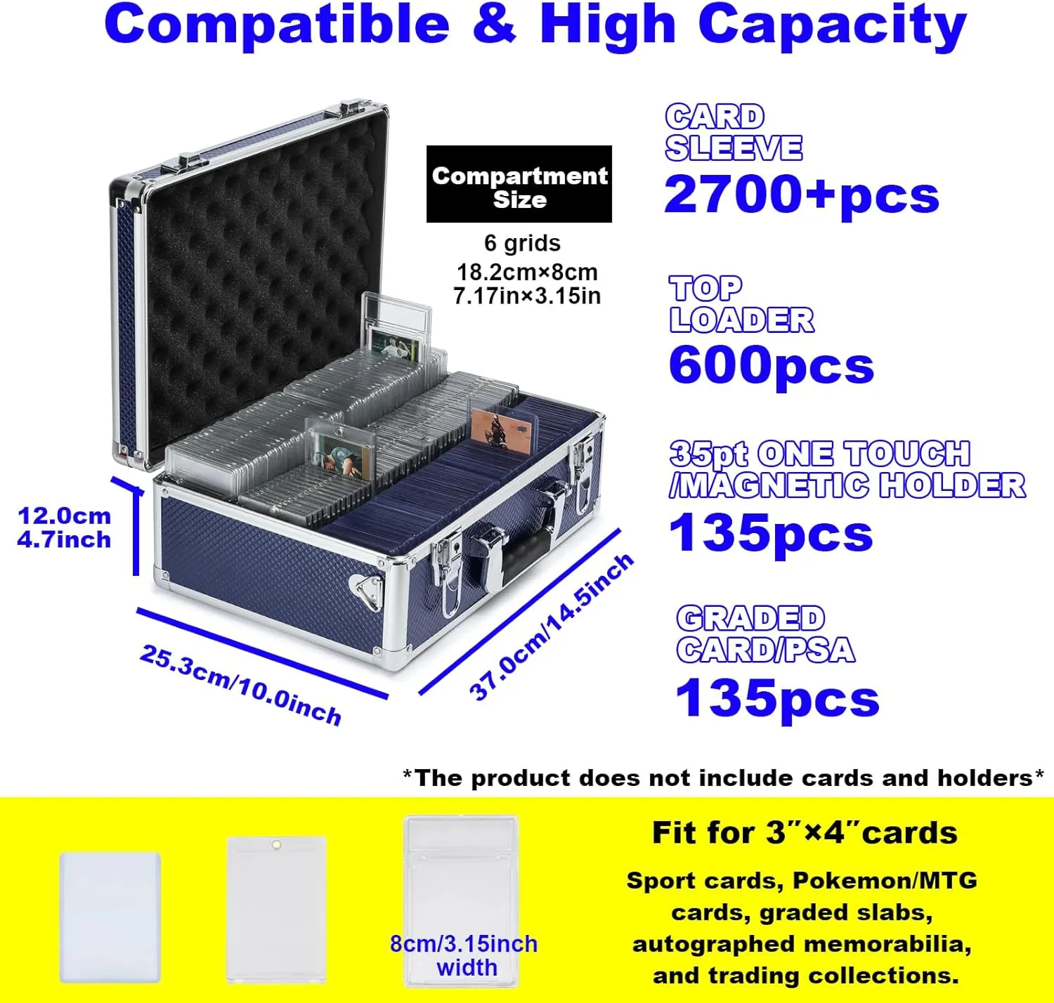 Multi color Card Storage Hard Case, Sports Card Collection Boxes,Trading Cards Cabinet, Card Holder, Toploader Box (Blue, Large)