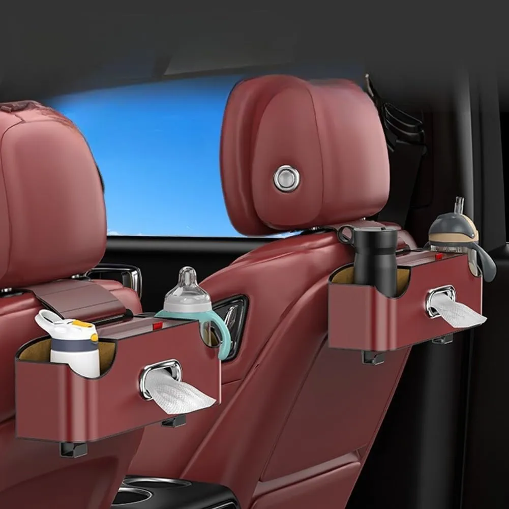Multifunctional Car Seat Back Storage Box, Car Seat Tissue Box with 2 Drink Cup Holder, Universal Back Seat Car Organizer for Hold Phone,Snacks, Drinks, Handbag, Great for Travel(Style D,With cover)