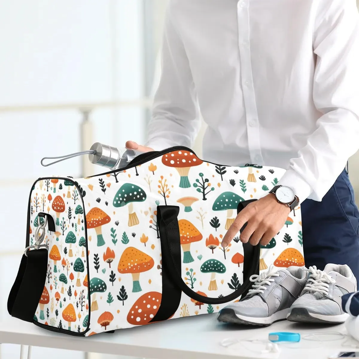 Mushroom Travel Duffel Bag for Women Men Waterproof Foldable Overnight Weekender Bag Large Capacity Sports Gym Bag