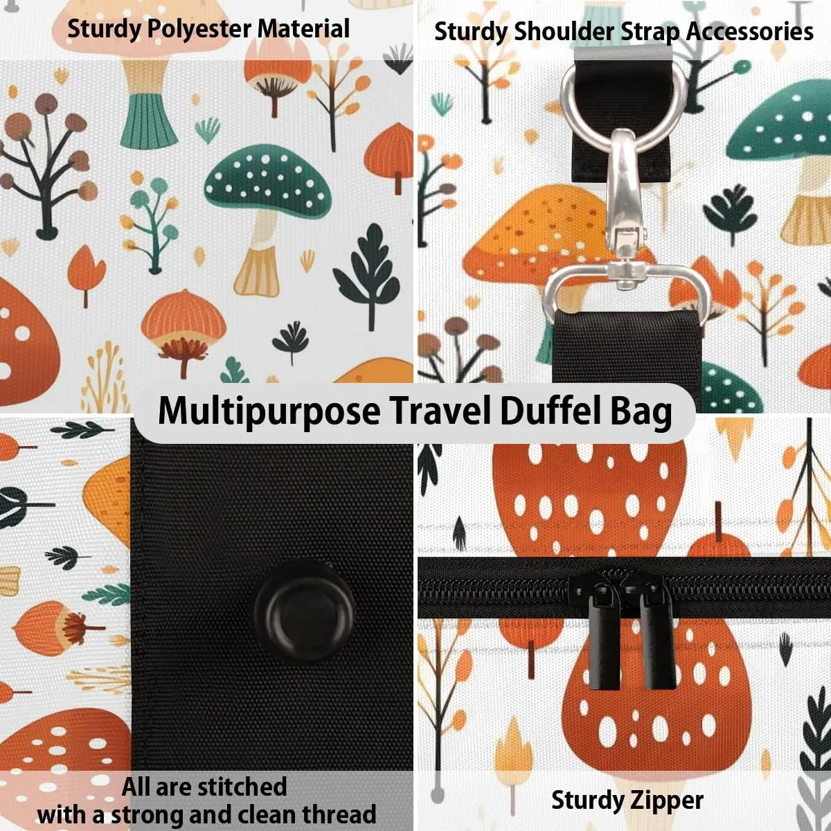 Mushroom Travel Duffel Bag for Women Men Waterproof Foldable Overnight Weekender Bag Large Capacity Sports Gym Bag