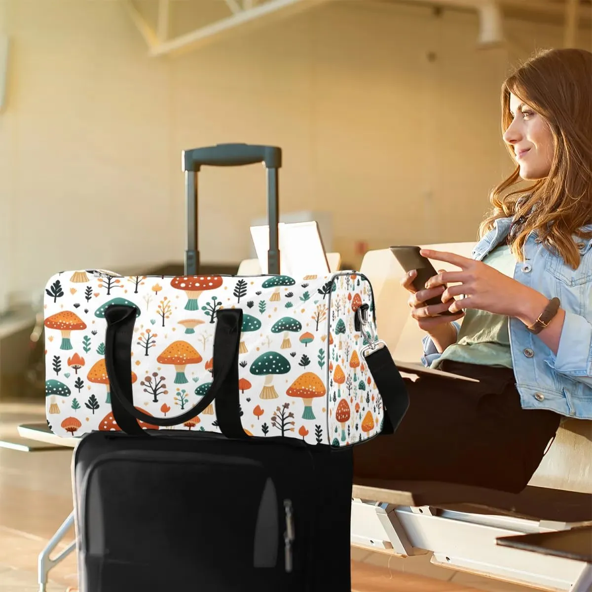 Mushroom Travel Duffel Bag for Women Men Waterproof Foldable Overnight Weekender Bag Large Capacity Sports Gym Bag