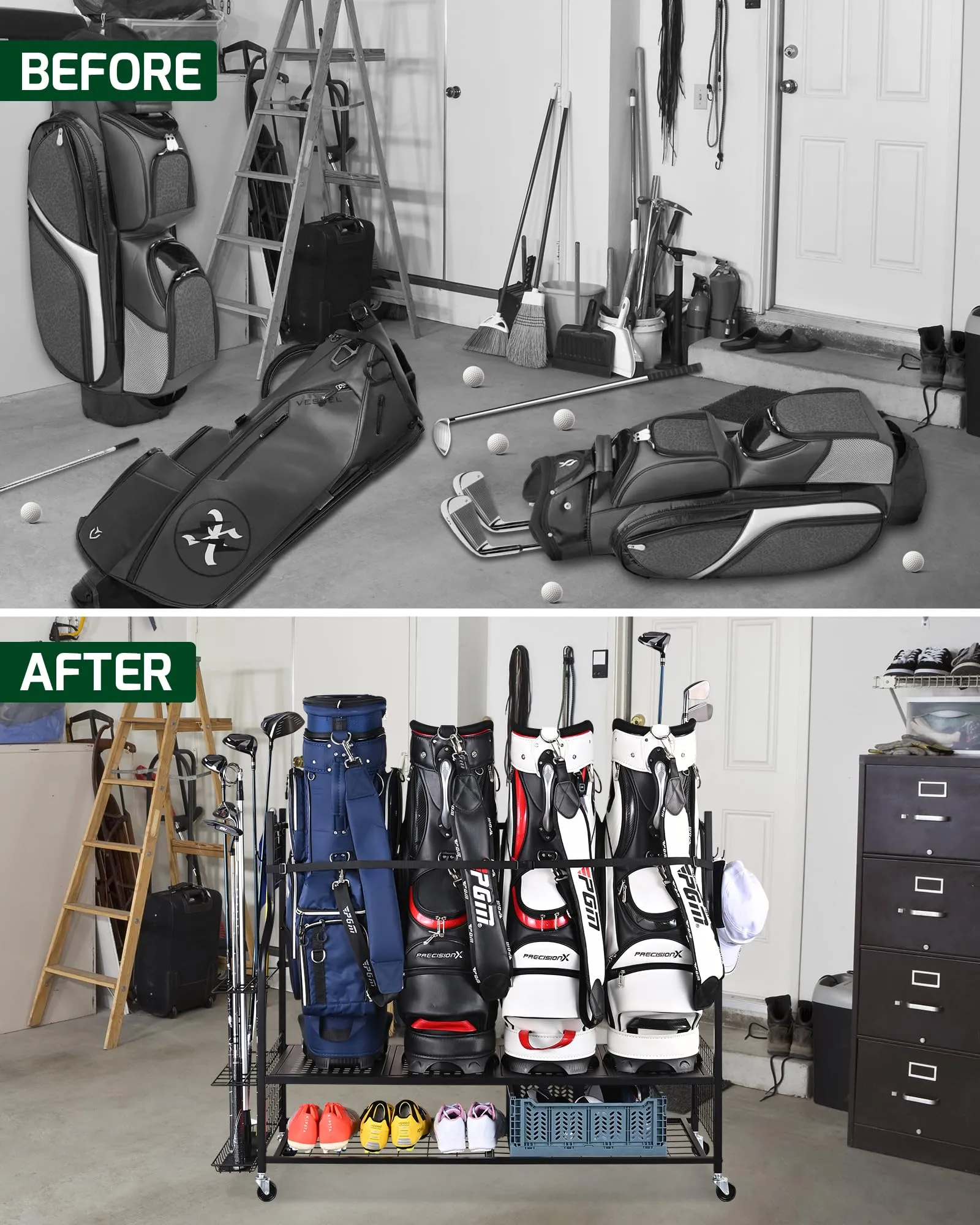 Mythinglogic 4 Golf Bag Storage Organizer, Extra Large Golf Storage Stand for Golf Bag Accessories, Golf Storage Rack for Garage, Golf Club, Basement