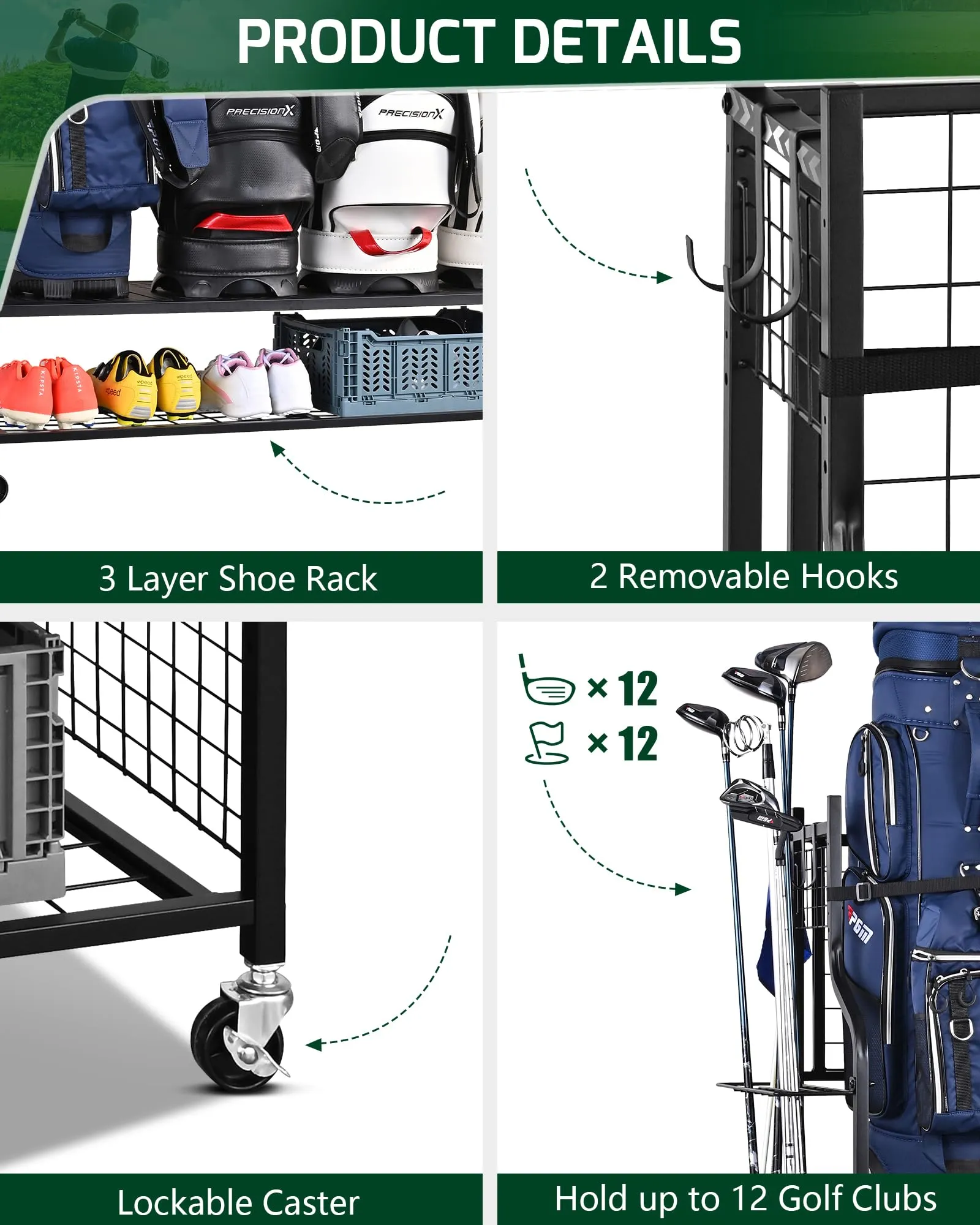 Mythinglogic 4 Golf Bag Storage Organizer, Extra Large Golf Storage Stand for Golf Bag Accessories, Golf Storage Rack for Garage, Golf Club, Basement