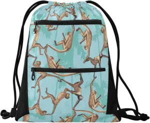 Nannle Jungle Leaves Funny Monkeys Large Drawstring Sackpack Bag with Zipper Pockets for Sport Equipment Gym Swimming Beach