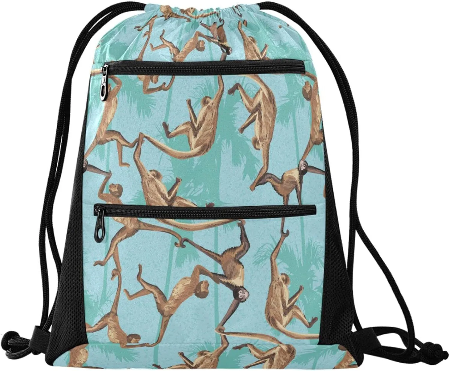 Nannle Jungle Leaves Funny Monkeys Large Drawstring Sackpack Bag with Zipper Pockets for Sport Equipment Gym Swimming Beach