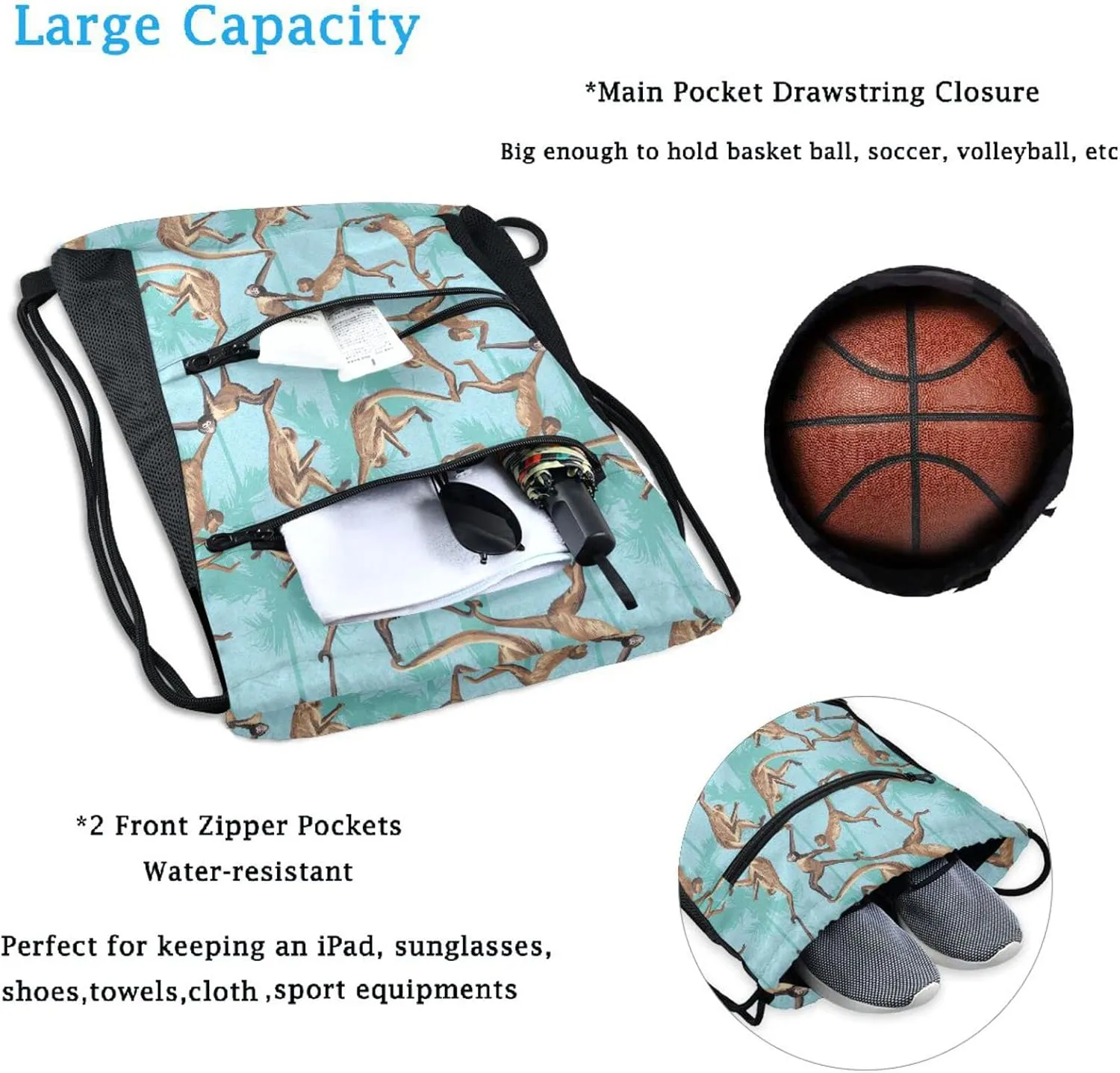 Nannle Jungle Leaves Funny Monkeys Large Drawstring Sackpack Bag with Zipper Pockets for Sport Equipment Gym Swimming Beach