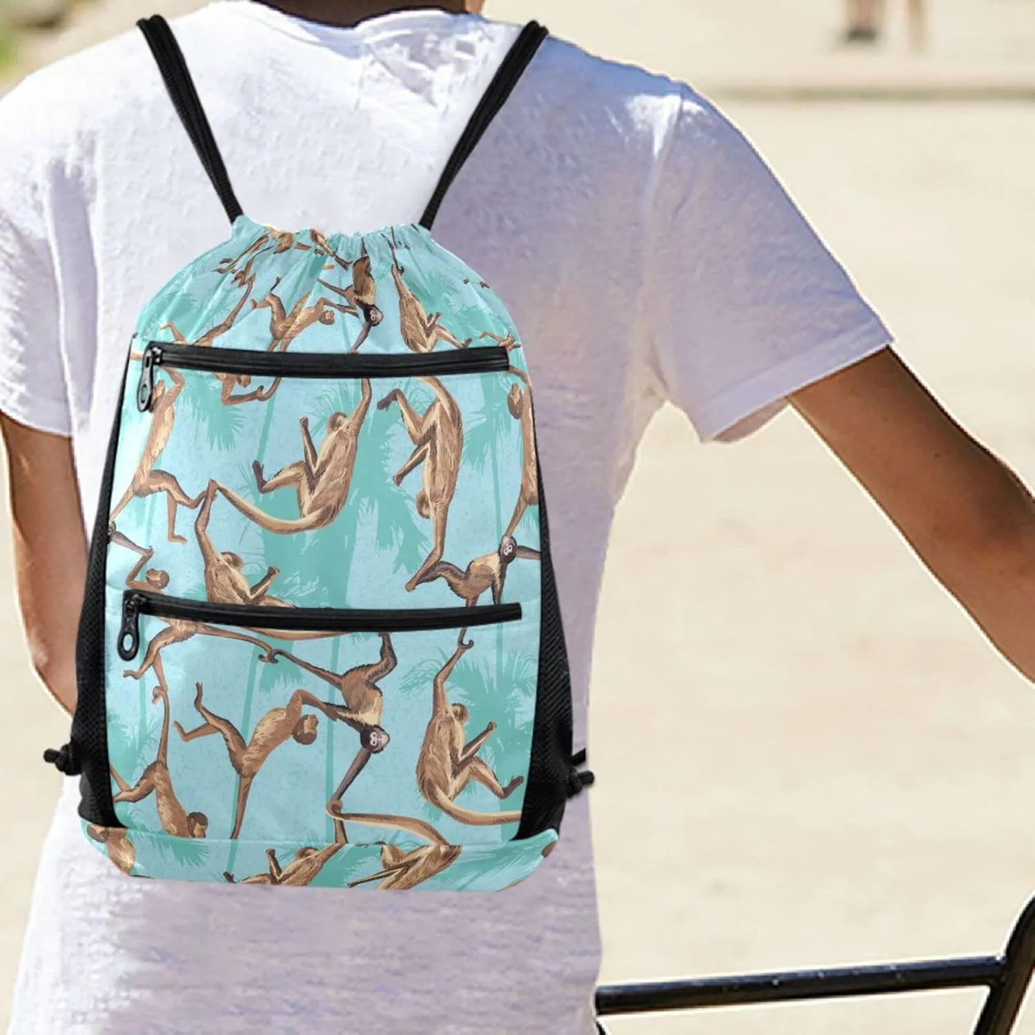 Nannle Jungle Leaves Funny Monkeys Large Drawstring Sackpack Bag with Zipper Pockets for Sport Equipment Gym Swimming Beach