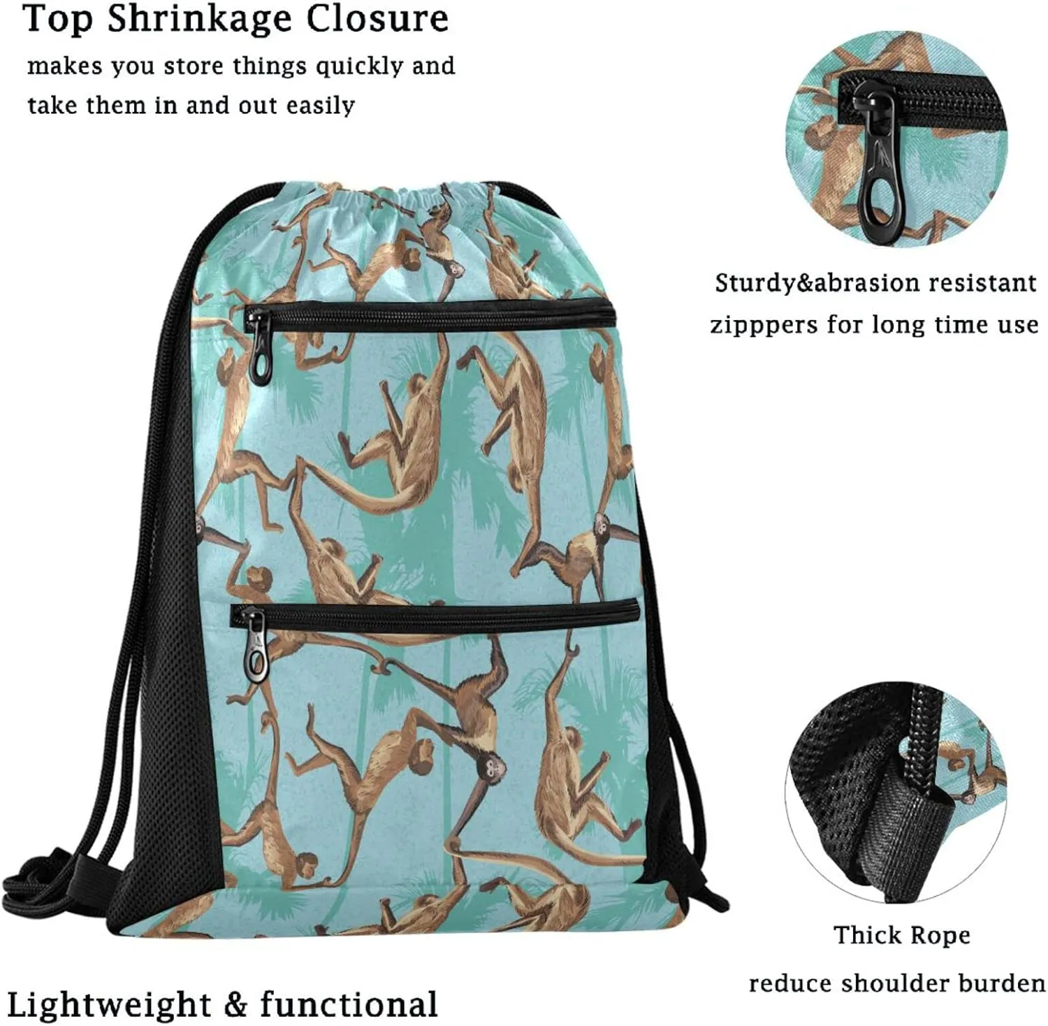 Nannle Jungle Leaves Funny Monkeys Large Drawstring Sackpack Bag with Zipper Pockets for Sport Equipment Gym Swimming Beach