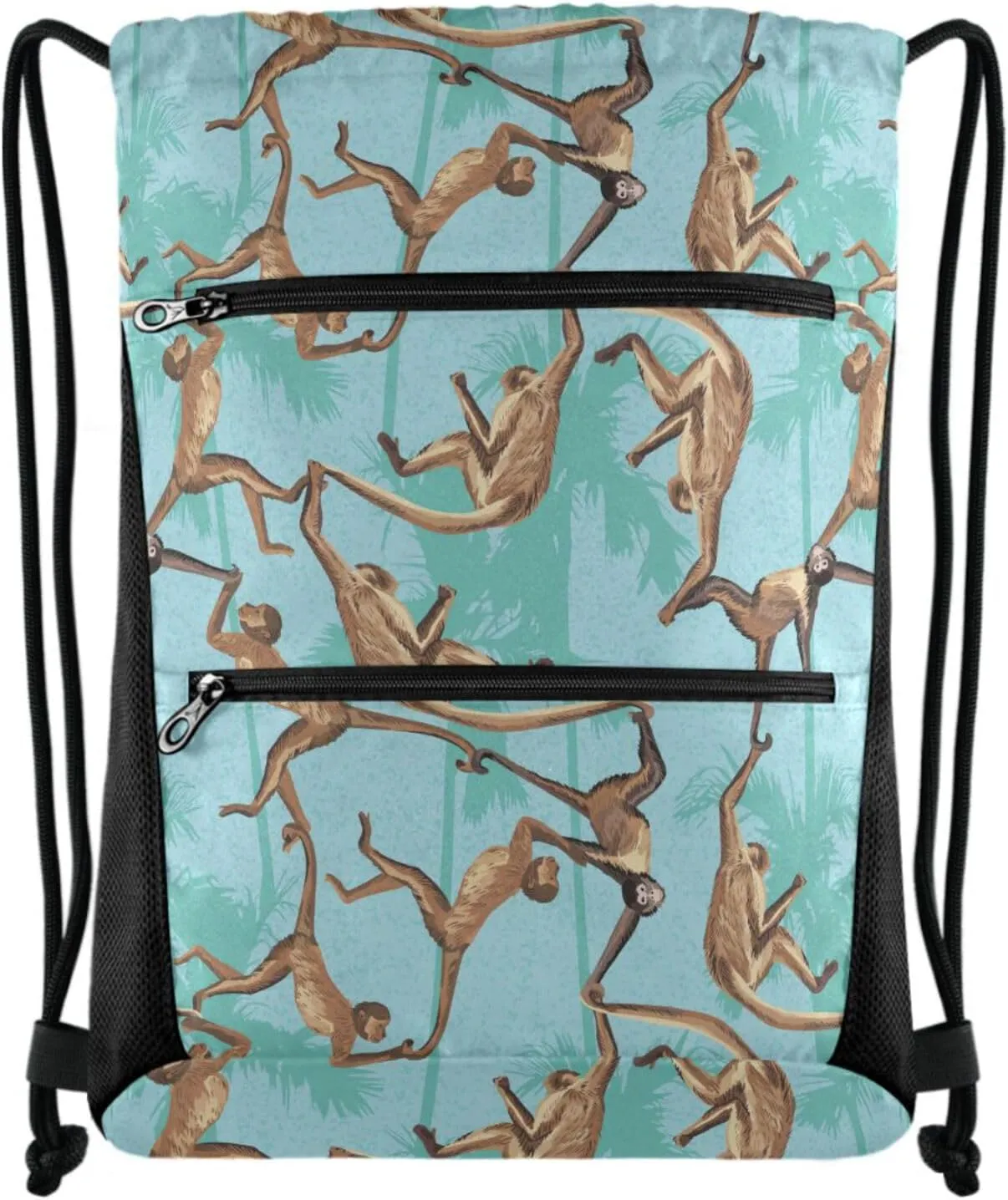 Nannle Jungle Leaves Funny Monkeys Large Drawstring Sackpack Bag with Zipper Pockets for Sport Equipment Gym Swimming Beach