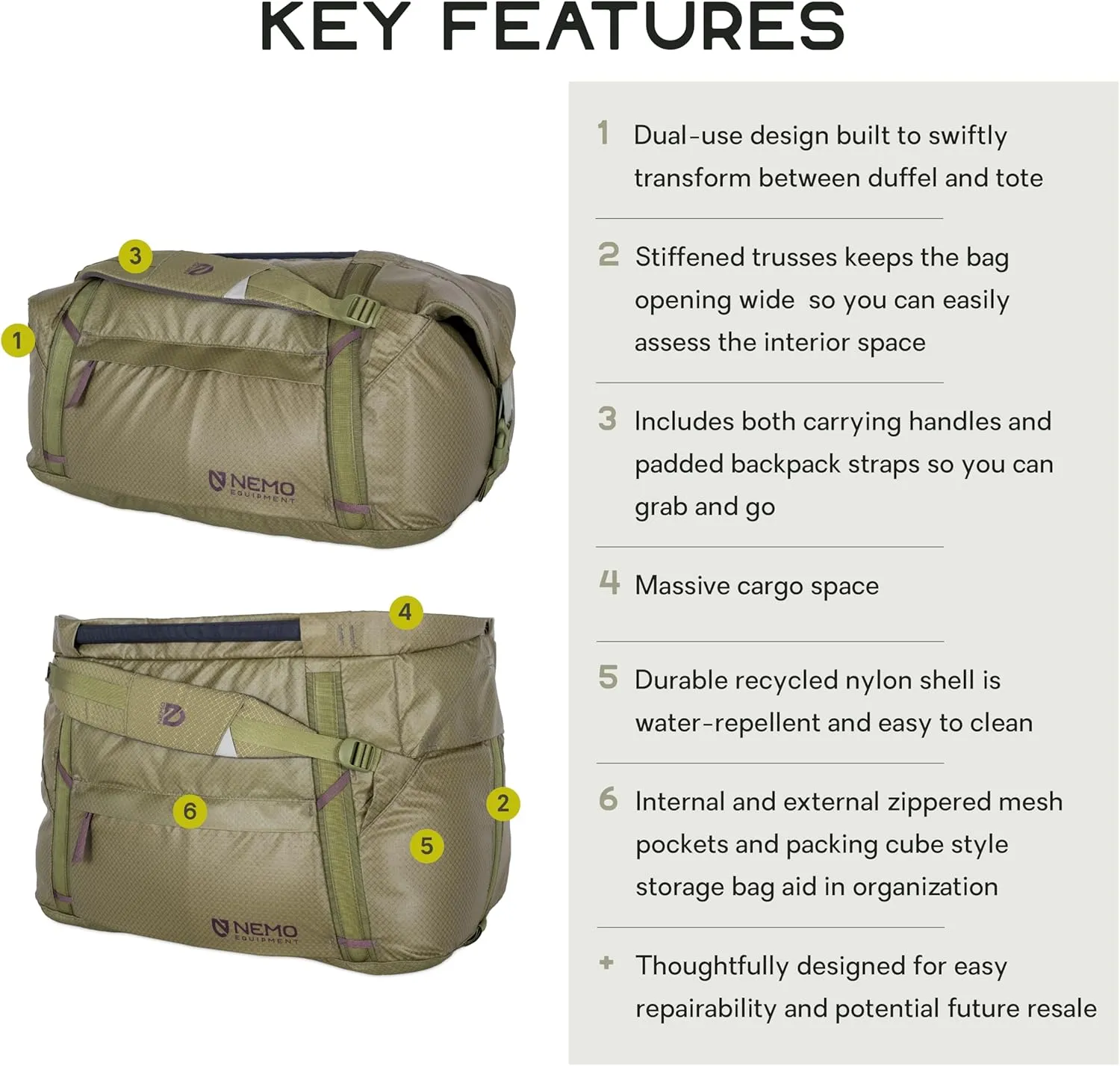 NEMO Equipment Double Haul Convertible Duffel & Tote Bag – Water-Resistant Gear Bag with Backpack Straps - 55L - Nova
