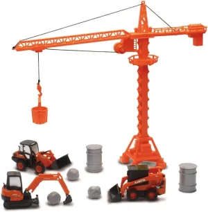 New-Ray Kubota Die-Cast Construction Vehicles Set, Plastic Engineering Toys Playset Includes Steer Loader, Mini Excavator, Wheel Loader, Oil Drums, Tower Crane & Boulders, for Kids