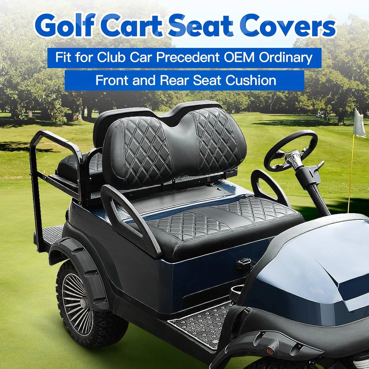 NOKINS 4PCS Golf Cart Seat Covers Kit, Front and Rear Seat Covers Fits Club Car Precedent Standard Seat Cushion, Club Car Vinyl Seat Covers Accessories, No Staples(Black&Black Stitch)