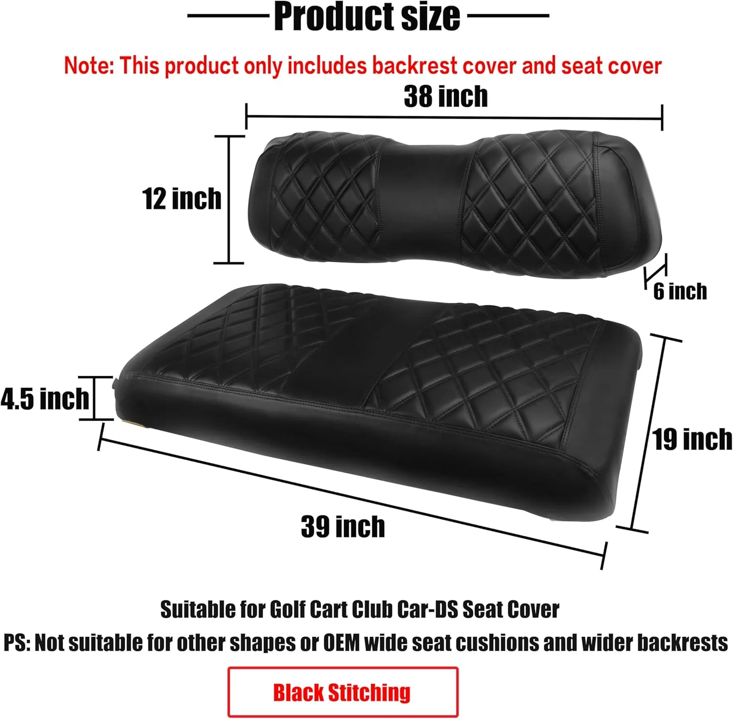 NOKINS Golf Cart D Diamond Seat Cover for Golf Cart Club Car DS Original Regular Seat Cushion, No Stapler, Golf Cart Vinyl Replacement Front Seat Cover Black Stitching