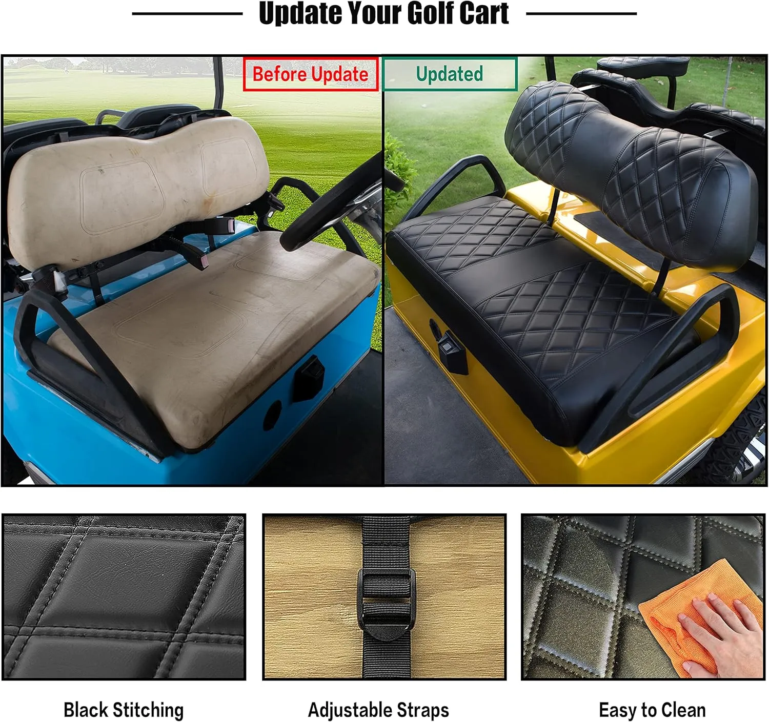 NOKINS Golf Cart D Diamond Seat Cover for Golf Cart Club Car DS Original Regular Seat Cushion, No Stapler, Golf Cart Vinyl Replacement Front Seat Cover Black Stitching