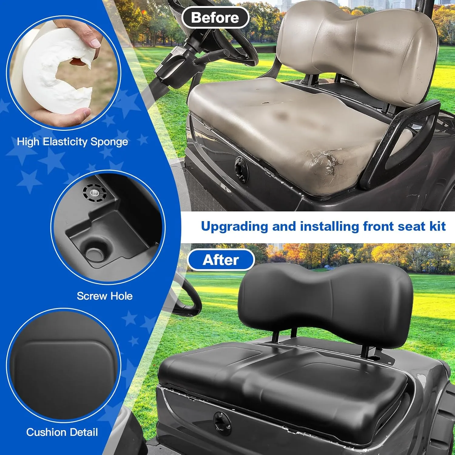 NOKINS Golf Cart Front Seat Cushion kit for Yamaha G29-2/ Drive2 2017  (Black)