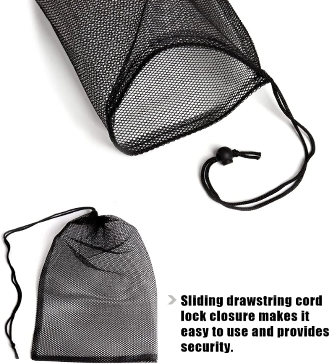 Nylon Mesh Bag with Sliding Drawstring Cord Lock Closure,Large Black Mesh Bag for Golf Tennis Balls,Gym,Shower,Washing Toys,Swimming,Beach,12×7.5 Inch