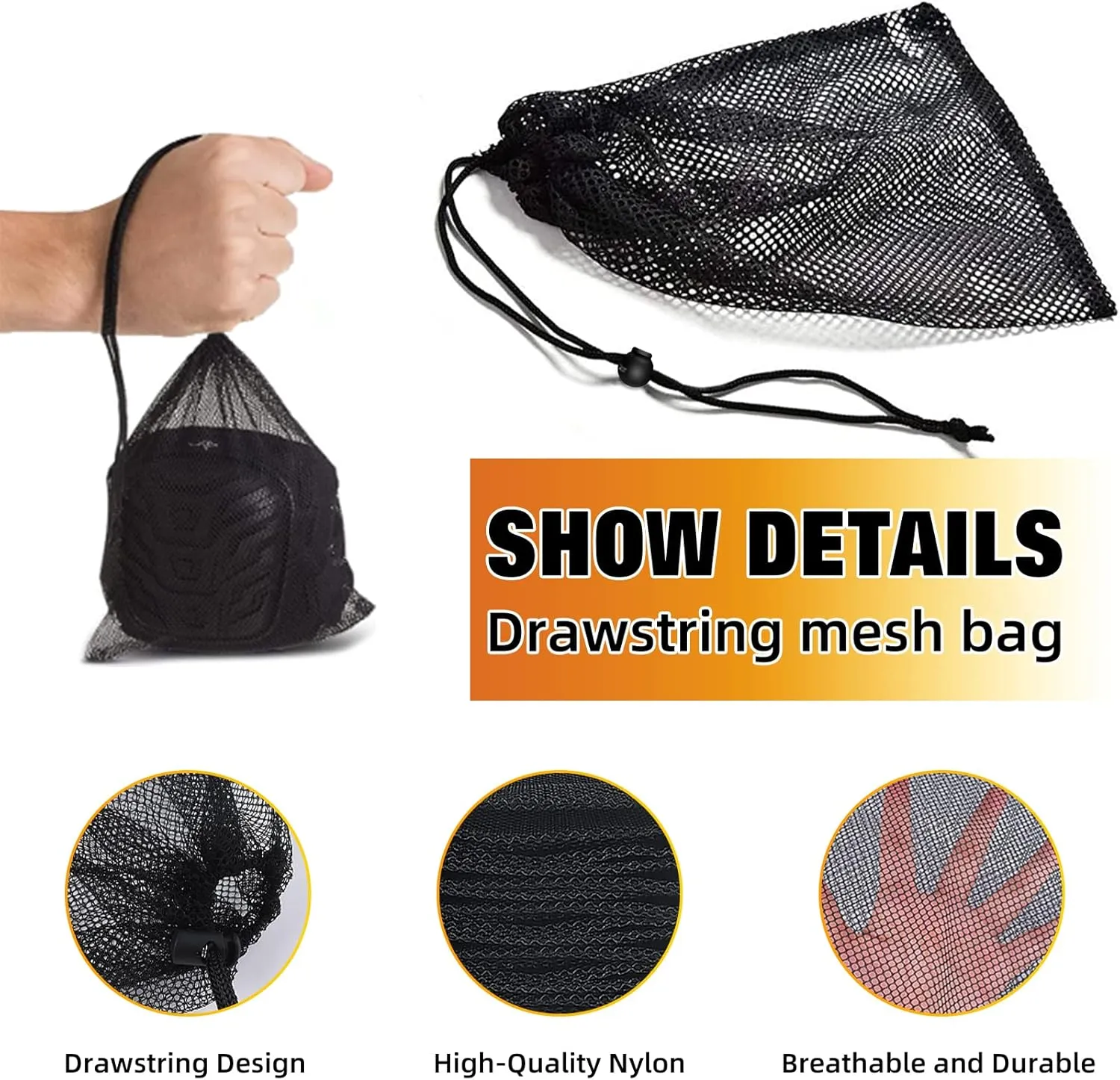 Nylon Mesh Bag with Sliding Drawstring Cord Lock Closure,Large Black Mesh Bag for Golf Tennis Balls,Gym,Shower,Washing Toys,Swimming,Beach,12×7.5 Inch