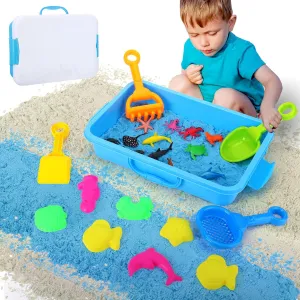 Ocean Sensory Bin with 4lbs Play Sand,Portable Sand Box with Lid,Indoor Outside Water Activities Beach Table Sensory Toys,Summer Sandbox Kids Outdoor Toy Play Equipment