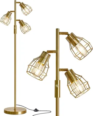 Oneach 64.25" Modern Floor Lamp for Living Room, Gold Industrial Floor Lamp for Bedroom with 3X 4W LED Bulbs, 3 Light Rustic Standing Tall Lamp for Bedroom, Office