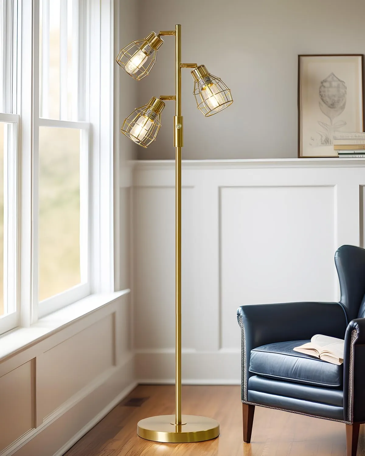 Oneach 64.25" Modern Floor Lamp for Living Room, Gold Industrial Floor Lamp for Bedroom with 3X 4W LED Bulbs, 3 Light Rustic Standing Tall Lamp for Bedroom, Office