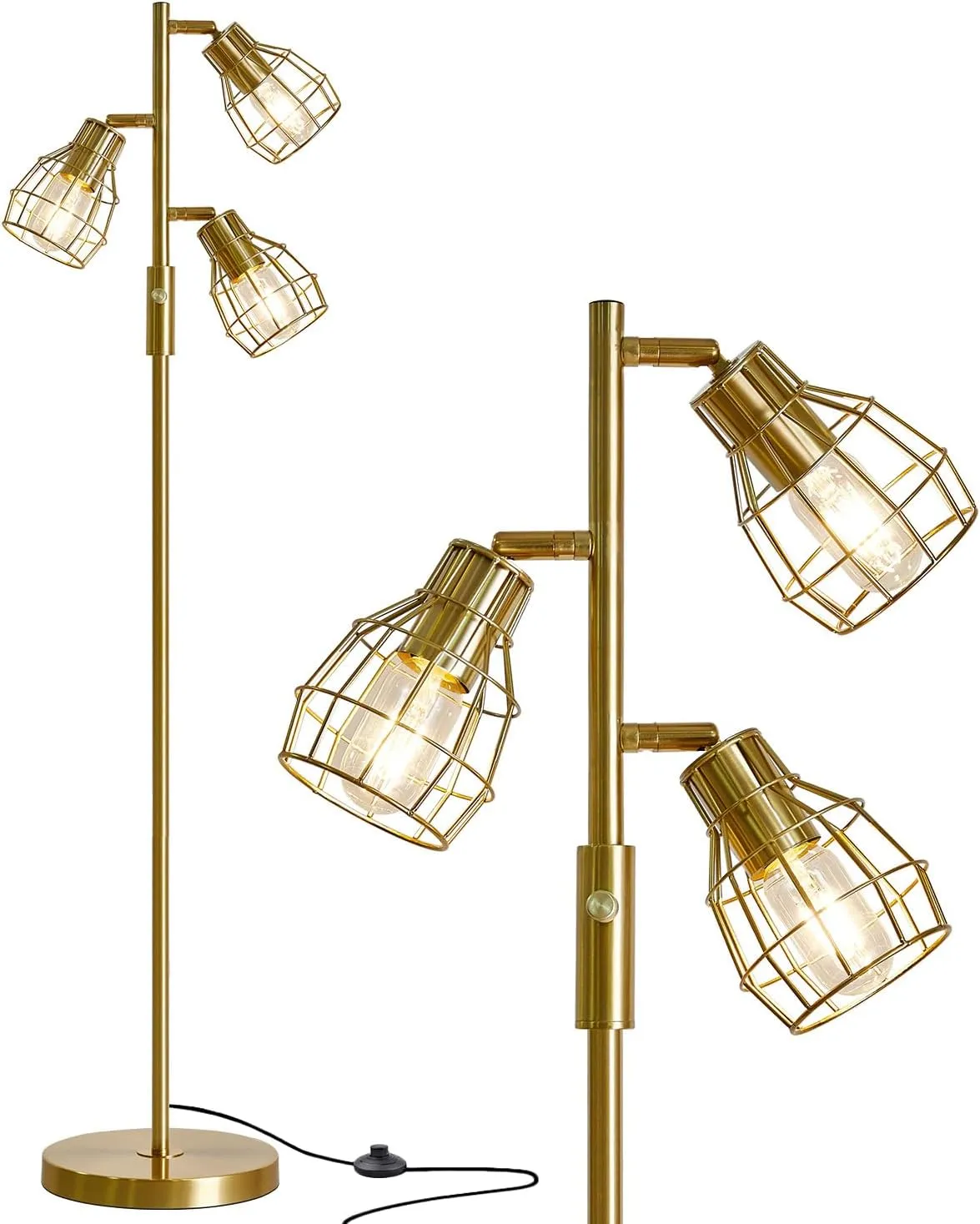 Oneach 64.25" Modern Floor Lamp for Living Room, Gold Industrial Floor Lamp for Bedroom with 3X 4W LED Bulbs, 3 Light Rustic Standing Tall Lamp for Bedroom, Office
