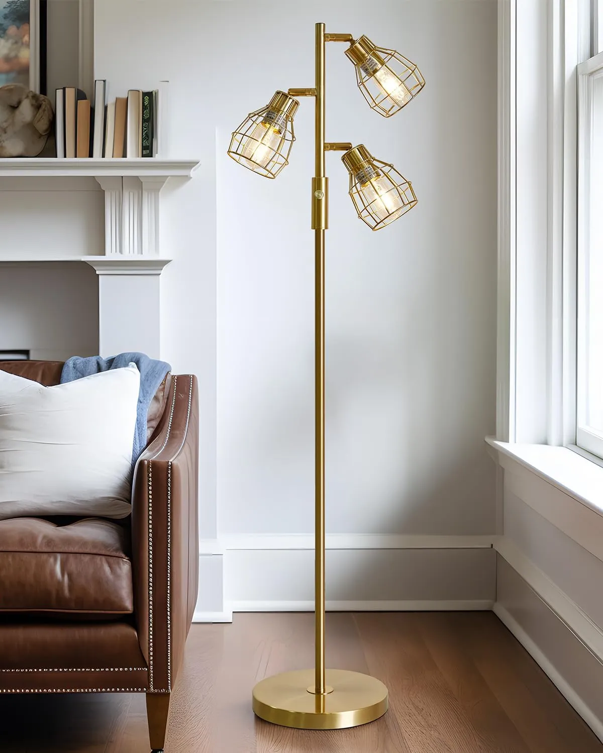 Oneach 64.25" Modern Floor Lamp for Living Room, Gold Industrial Floor Lamp for Bedroom with 3X 4W LED Bulbs, 3 Light Rustic Standing Tall Lamp for Bedroom, Office
