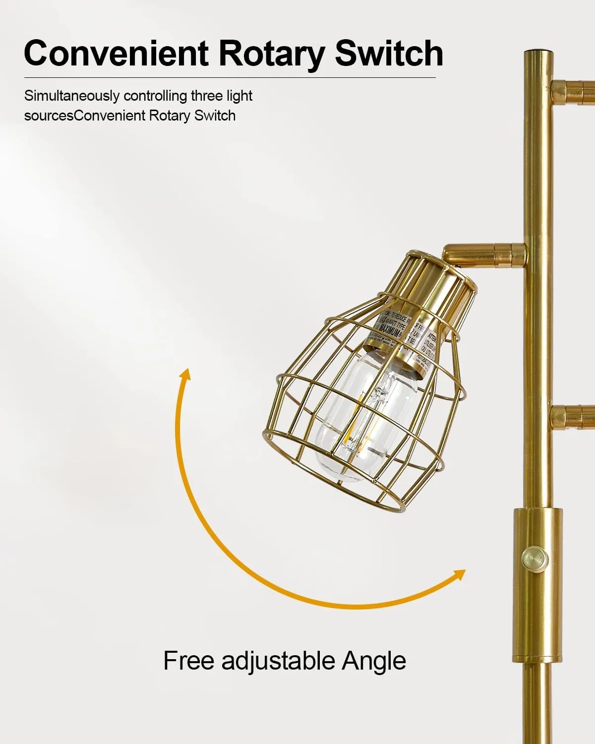 Oneach 64.25" Modern Floor Lamp for Living Room, Gold Industrial Floor Lamp for Bedroom with 3X 4W LED Bulbs, 3 Light Rustic Standing Tall Lamp for Bedroom, Office