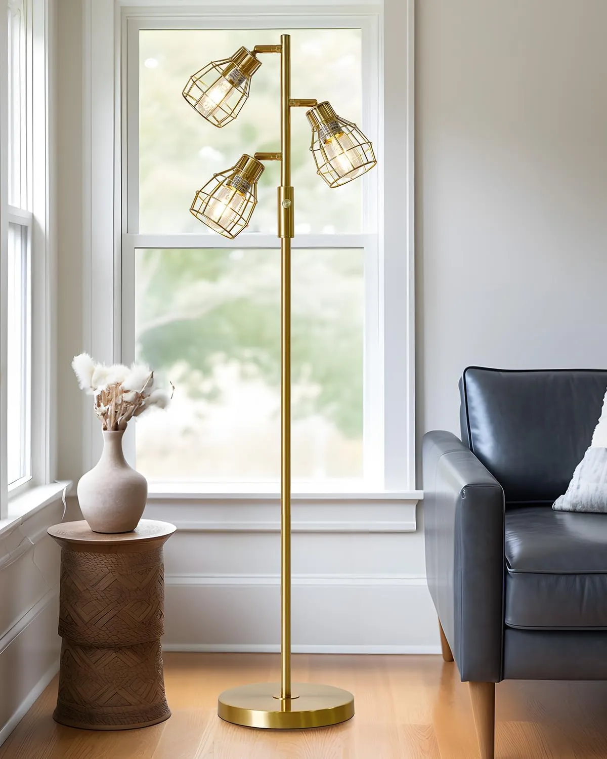 Oneach 64.25" Modern Floor Lamp for Living Room, Gold Industrial Floor Lamp for Bedroom with 3X 4W LED Bulbs, 3 Light Rustic Standing Tall Lamp for Bedroom, Office
