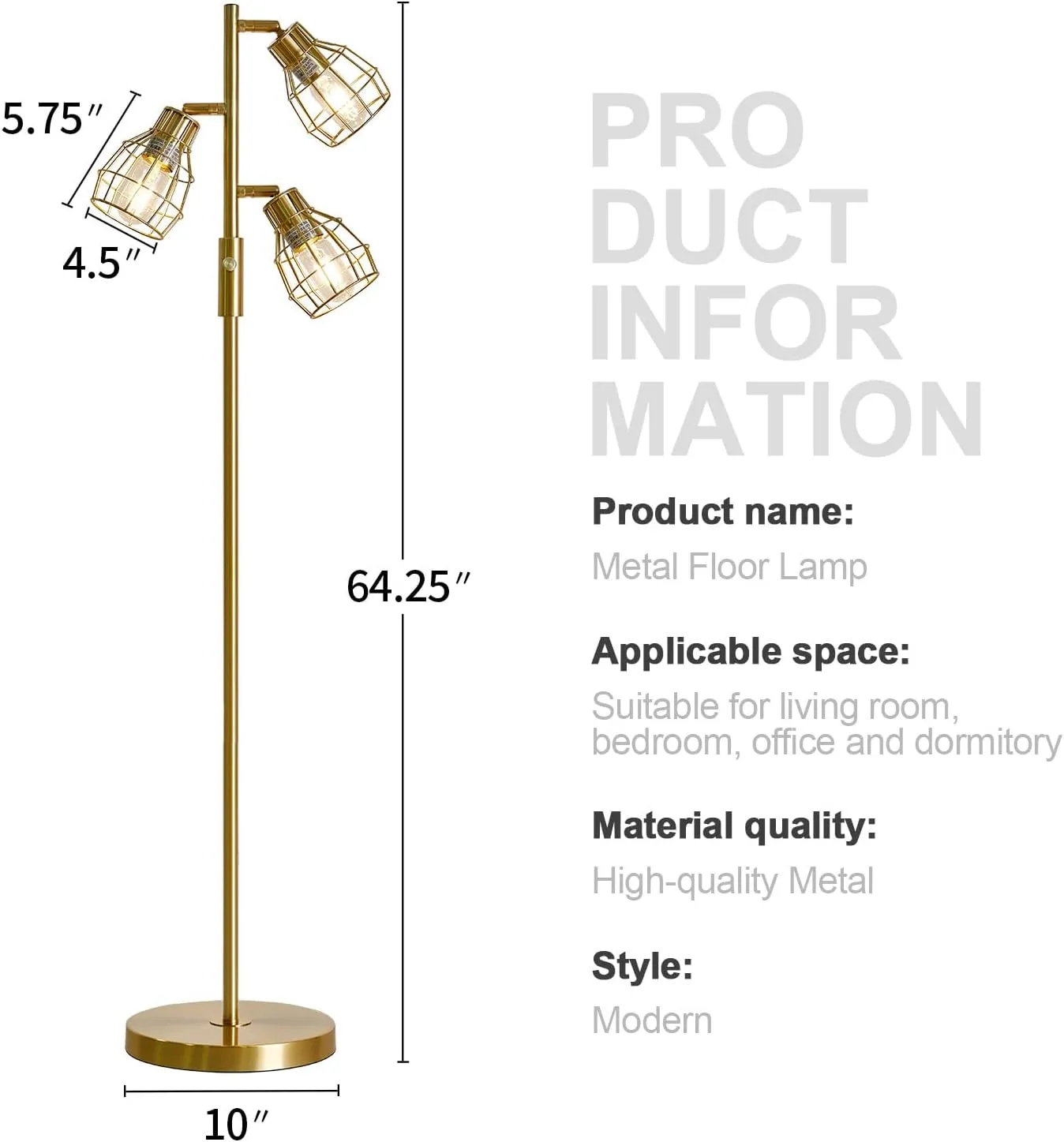 Oneach 64.25" Modern Floor Lamp for Living Room, Gold Industrial Floor Lamp for Bedroom with 3X 4W LED Bulbs, 3 Light Rustic Standing Tall Lamp for Bedroom, Office