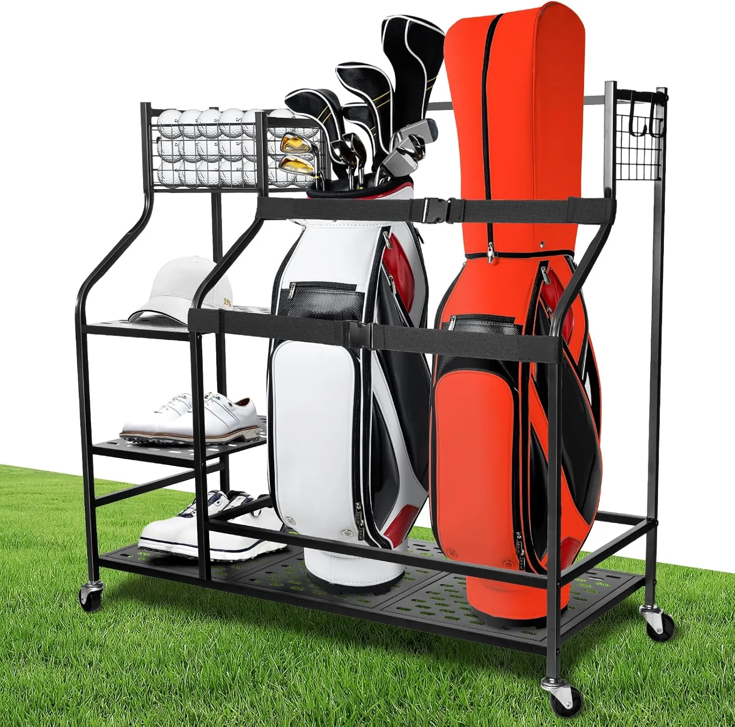Oududianzi Golf Bag Storage Garage Organizer, Golf Bag Organizer Stand and Golf Equipment Accessories Rack, Extra Large Golf Storage Rack with Wheels for Club