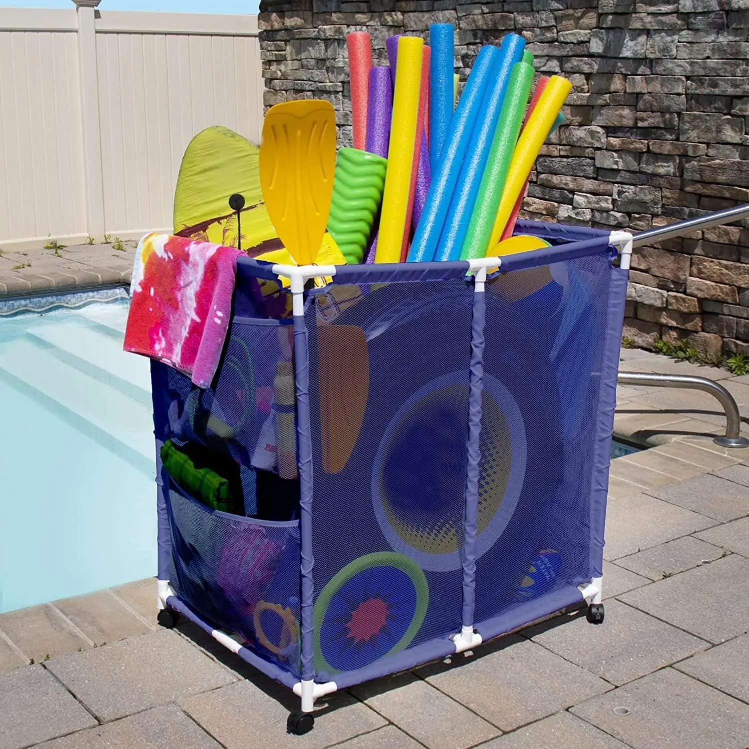 Outdoor Pool Floats, Balls, Toys and Equipment Rolling Mesh Organizer Storage Bin, Large (35" W x 25.4" L x 37.5" H), Blue/White